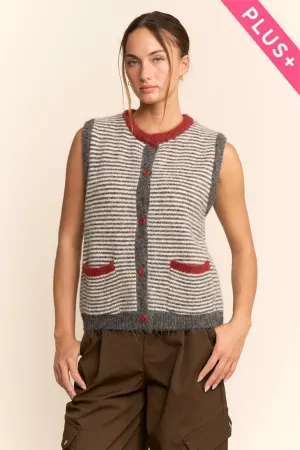 wholesale clothing plus striped button-front crewneck sweater vest davi & dani