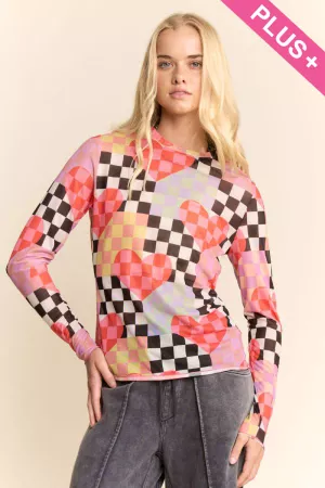 wholesale clothing plus checkered heart mesh long sleeve top davi & dani