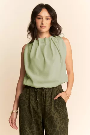 wholesale clothing solid sleeveless cowl neck tie detail top davi & dani