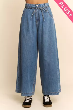 wholesale clothing plus high waisted wide leg denim pants tie belt davi & dani