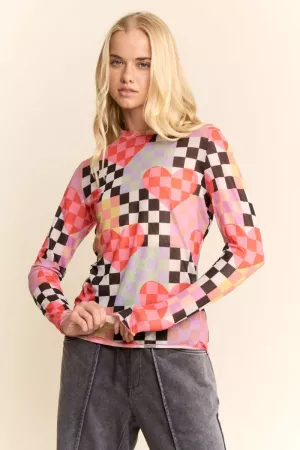 wholesale clothing checkered heart mesh long sleeve top davi & dani