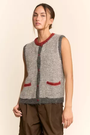 wholesale clothing striped button-front crewneck sweater vest davi & dani