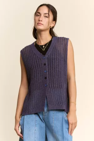 wholesale clothing open knit v-neck button front sweater vest davi & dani