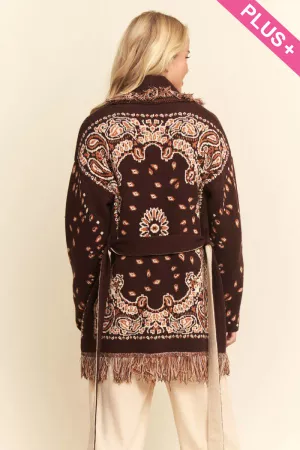 wholesale clothing plus fringe trim jacquard knit belted cardigan davi & dani