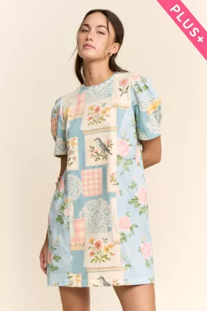 wholesale clothing plus vintage patchwork round neck puff sleeve top davi & dani