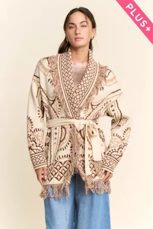 wholesale clothing plus fringe trim jacquard knit belted cardigan davi & dani