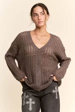 wholesale clothing open knit crochet button front v-neck sweater davi & dani