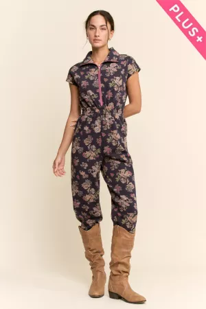 wholesale clothing plus printed scuba zipper front jumpsuit davi & dani