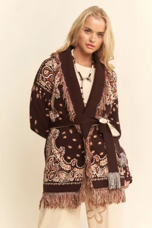 wholesale clothing fringe trim jacquard knit belted cardigan davi & dani