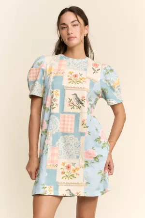 wholesale clothing vintage patchwork round neck puff sleeve top davi & dani