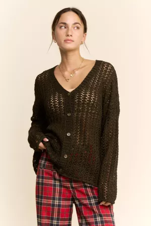 wholesale clothing open knit crochet button front v-neck sweater davi & dani