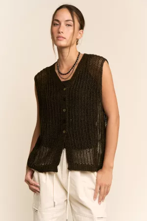 wholesale clothing open knit v-neck button front sweater vest davi & dani