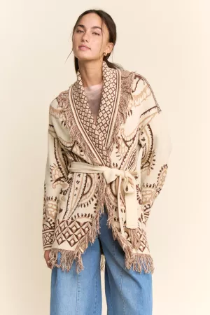 wholesale clothing fringe trim jacquard knit belted cardigan davi & dani