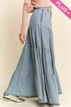 wholesale clothing plus button front ruffle hem denim maxi skirt davi & dani