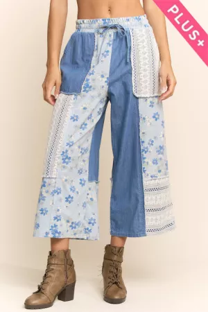 wholesale clothing plus printed denim lace block wide leg open pant davi & dani
