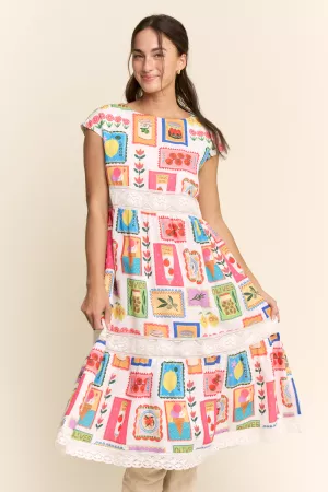 wholesale clothing crochet lace tiered printed linen midi dress davi & dani