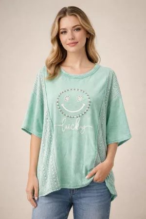 wholesale clothing lucky smiley face print short sleeve top davi & dani