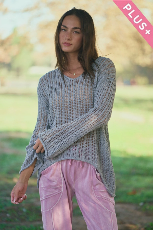 wholesale clothing plus open knit crochet v-neck pullover sweater davi & dani