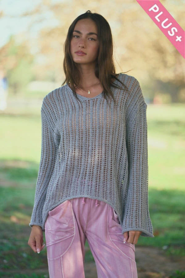 wholesale clothing plus open knit crochet v-neck pullover sweater davi & dani