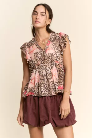 wholesale clothing leopard floral crinkle texture v neck blouse top davi & dani