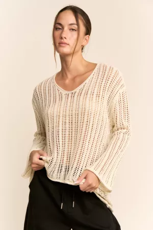 wholesale clothing open knit crochet v-neck pullover sweater davi & dani