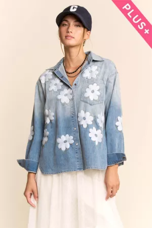 wholesale clothing plus flower embroidered button front denim shirt davi & dani