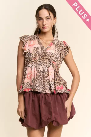 wholesale clothing plus leopard floral texture v neck blouse top davi & dani