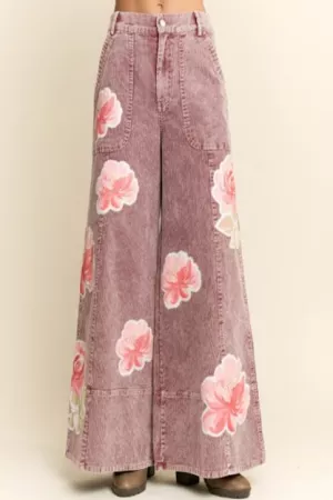 wholesale clothing washed corduroy printed vintage flower open pant davi & dani