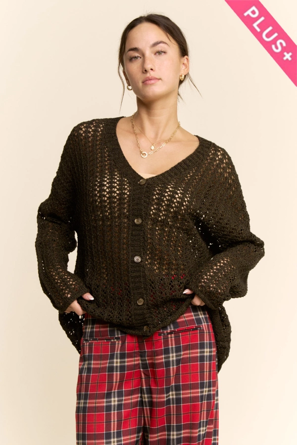 wholesale clothing plus open knit crochet button front sweater davi & dani