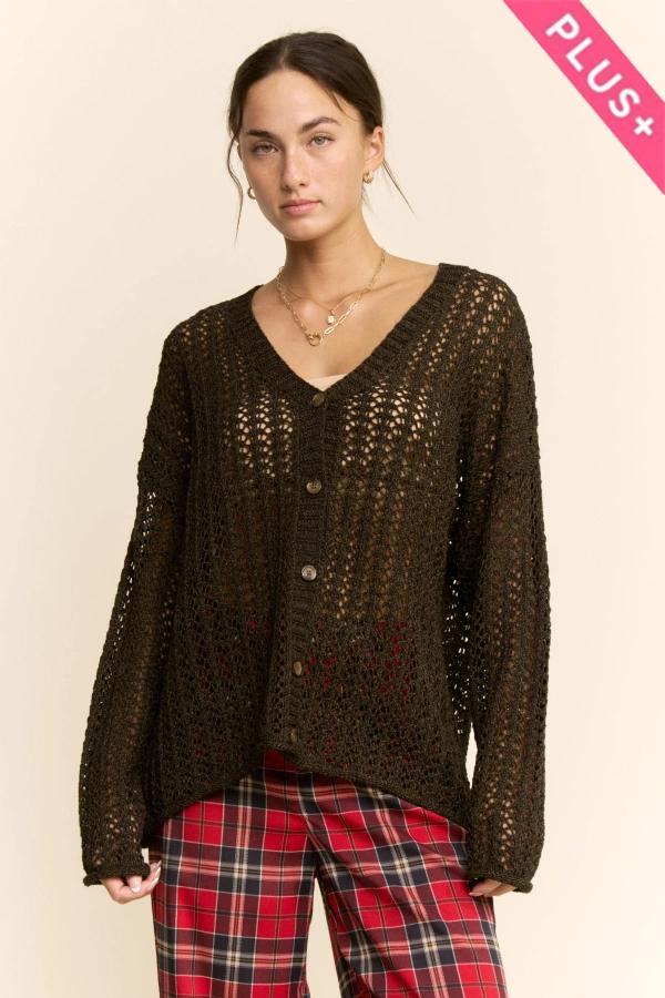 wholesale clothing plus open knit crochet button front sweater davi & dani