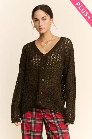 wholesale clothing plus open knit crochet button front sweater davi & dani