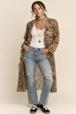 wholesale clothing animal print ruffled chiffon long cardigan davi & dani