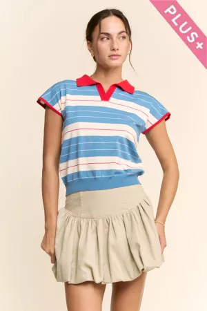 wholesale clothing plus striped polo-style top contrast collar davi & dani