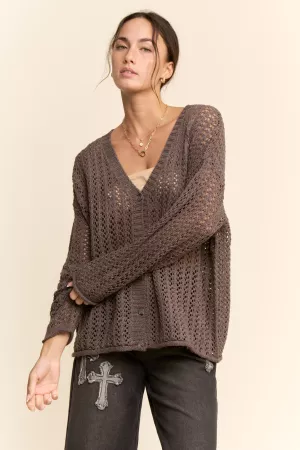wholesale clothing open knit crochet button front v-neck sweater davi & dani