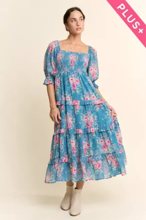 wholesale clothing plus smocking bodice floral chiffon maxi dress davi & dani