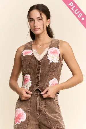 wholesale clothing plus sleeveless floral patchwork denim vest davi & dani