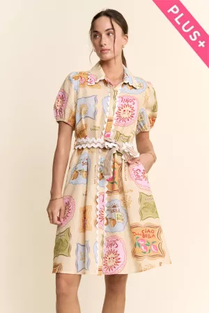 wholesale clothing plus printed linen ricrac trim shirt dress davi & dani