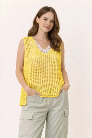wholesale clothing open-mesh crochet v-neck sweater vest davi & dani