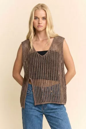 wholesale clothing open-mesh crochet v-neck sweater vest davi & dani