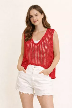 wholesale clothing open-mesh crochet v-neck sweater vest davi & dani