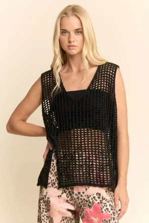 wholesale clothing open-mesh crochet v-neck sweater vest davi & dani
