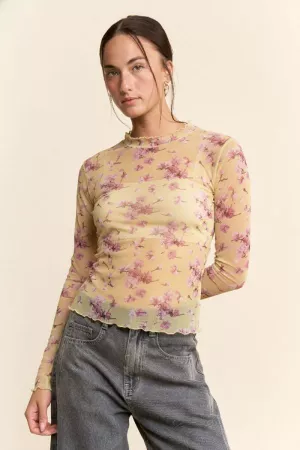 wholesale clothing long sleeve printed mesh top davi & dani