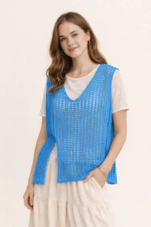 wholesale clothing open-mesh crochet v-neck sweater vest davi & dani