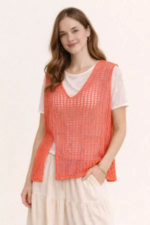 wholesale clothing open-mesh crochet v-neck sweater vest davi & dani