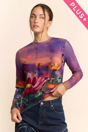 wholesale clothing plus floral field print mesh long sleeve top davi & dani