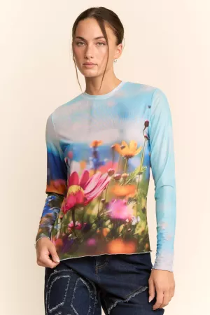 wholesale clothing floral field print mesh long sleeve top davi & dani