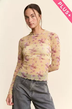 wholesale clothing plus long sleeve printed mesh top davi & dani