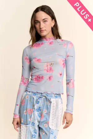 wholesale clothing plus long sleeve printed mesh top davi & dani