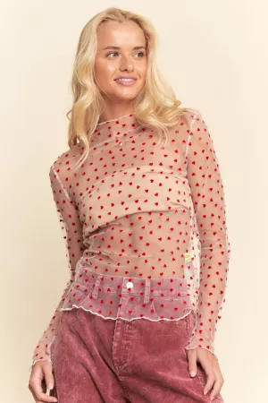 wholesale clothing sheer mesh heart print long sleeve top davi & dani