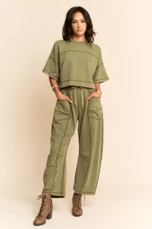 wholesale clothing mineral washed top elasic waist barrel pants set davi & dani